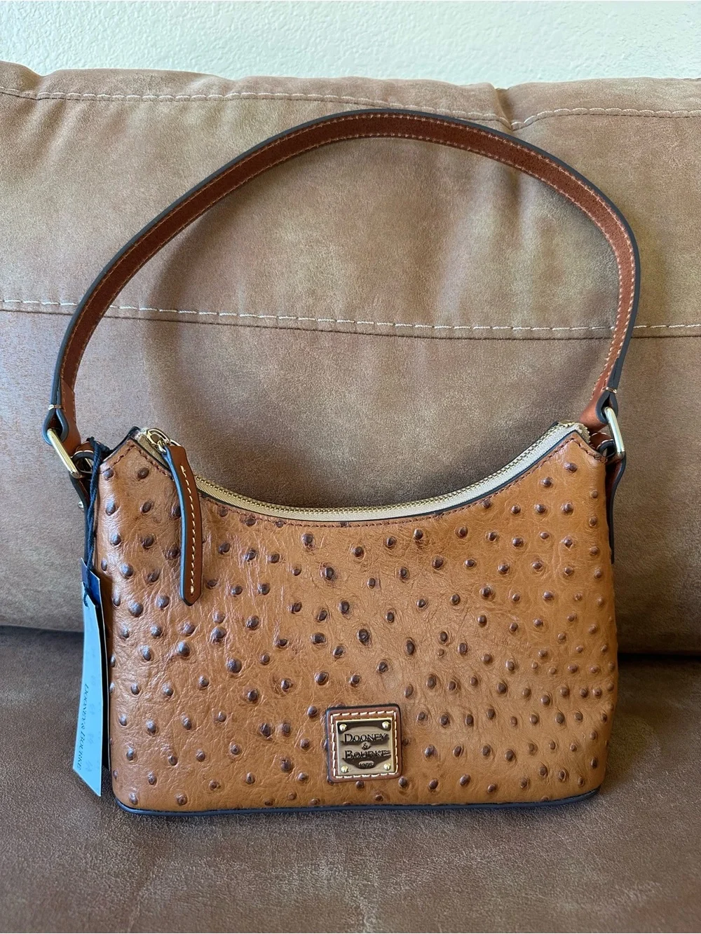 Dooney & Bourke Cognac Ostrich-Embossed Shoulder Bag with Matching Coin Purse